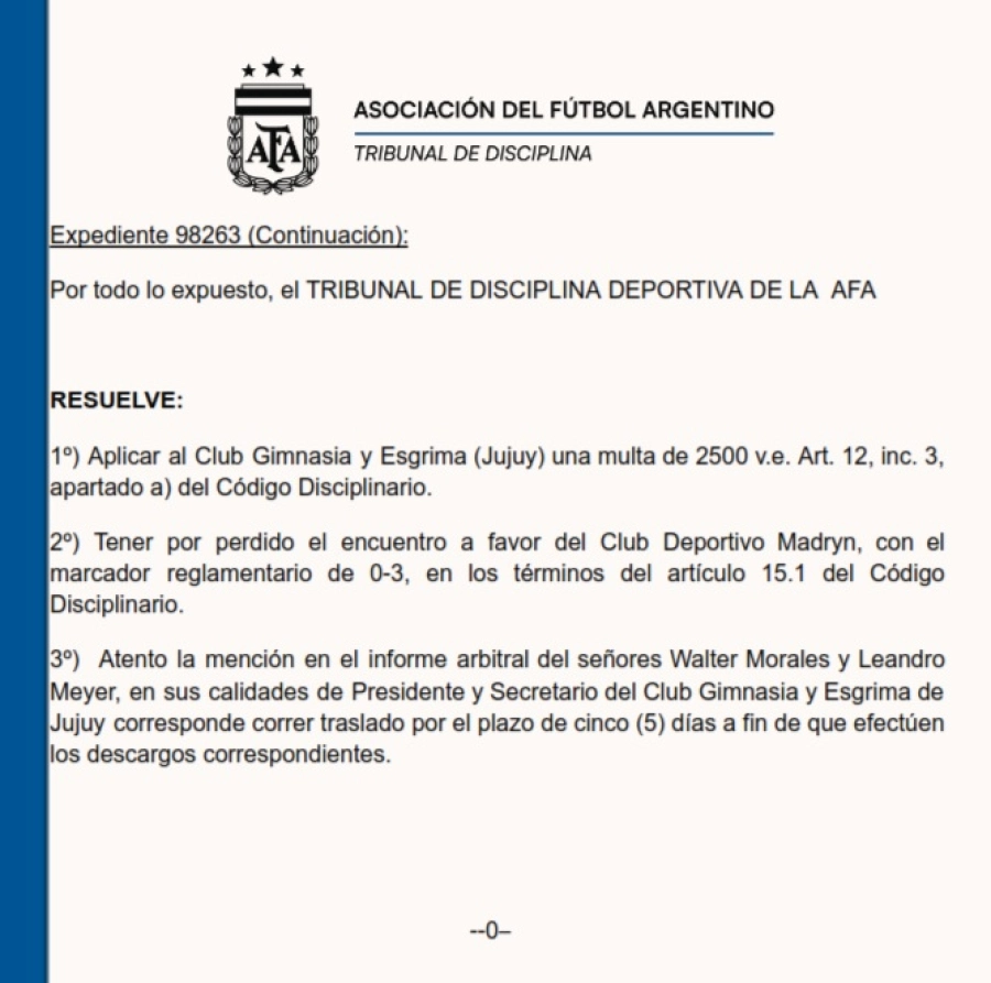 El fallo indica que Deportivo Madryn lo ganó 3 a 0